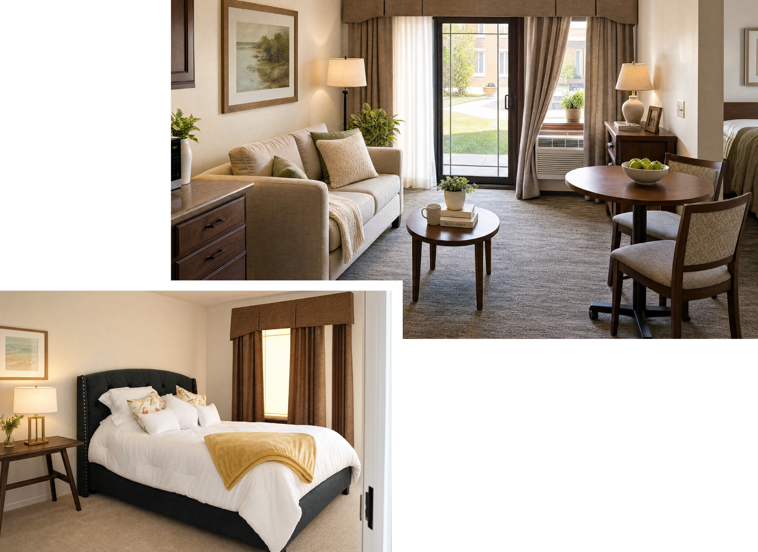 Living room with beige sofa, wooden side tables, potted plants, and sliding glass door with curtains opening to an outdoor view; bedroom with large bed, dark headboard, bedside table with lamp, and window with curtains.