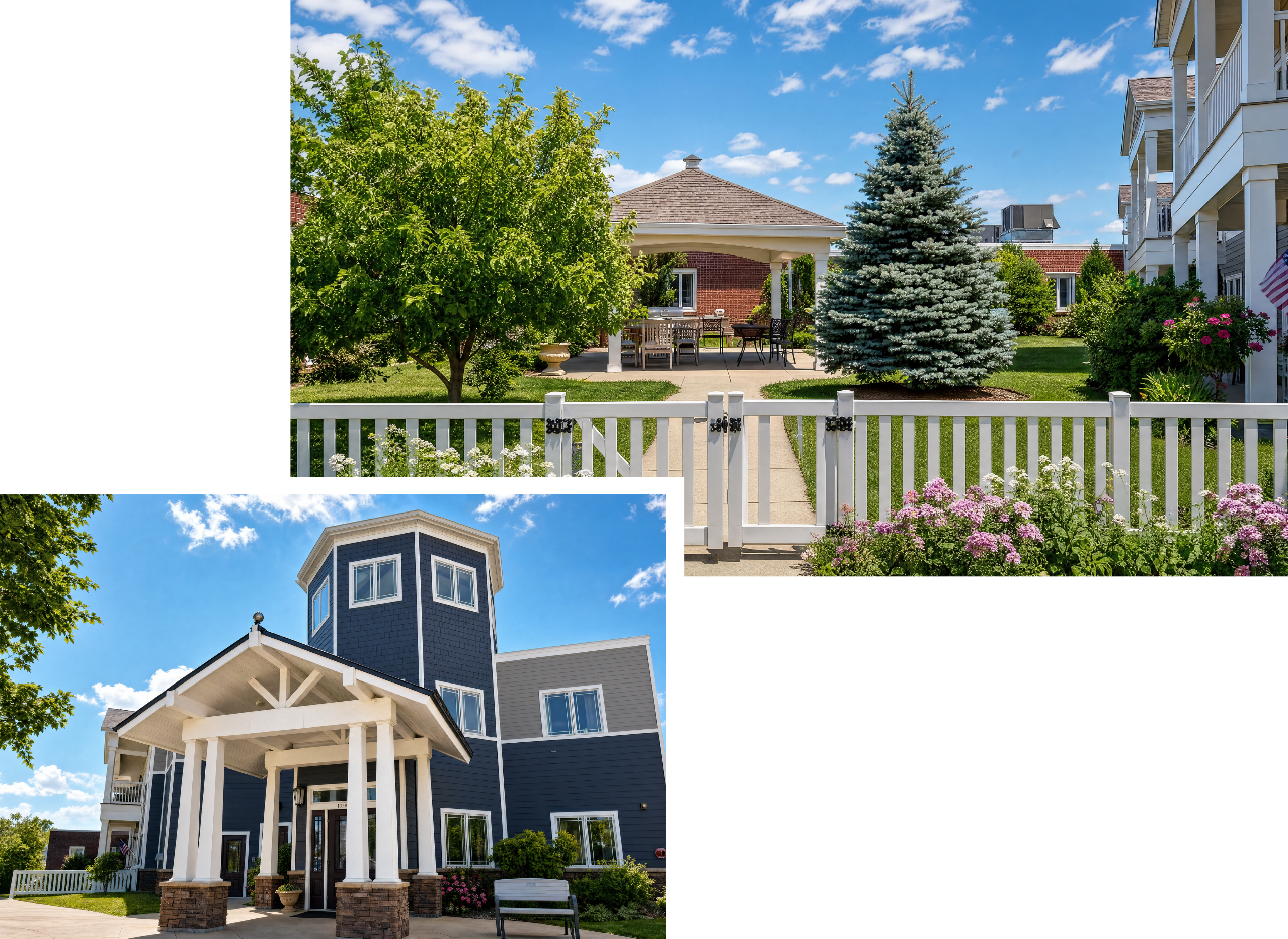 A well-maintained assisted living facility with a landscaped garden, featuring a gazebo and outdoor seating area, surrounded by trees and colorful flowers. A separate building with a distinctive tower entrance is also visible.