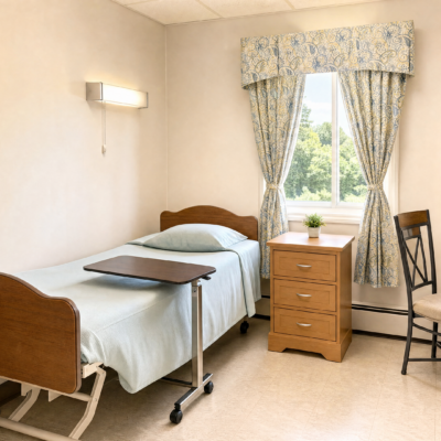A hospital room with a single bed, bedside table with a small plant, a window with patterned curtains, a chair, and a wall-mounted light fixture.