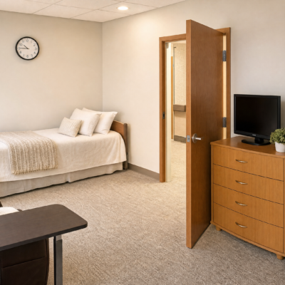 A bedroom with a bed on the left side, covered with white linens and pillows. A round wall clock is mounted above the bed. To the right, there is a wooden dresser with a small TV and a potted plant on top. An open wooden door reveals a bathroom or adjacent room. The room has beige carpet and white walls.