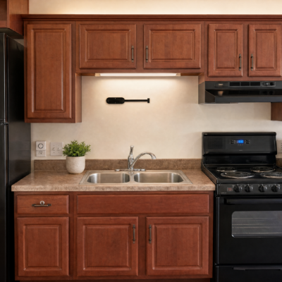Kitchen countertop with a stainless steel double sink, a small potted plant, a wall-mounted black grab bar, wooden cabinets above and below, and a black stove to the right.