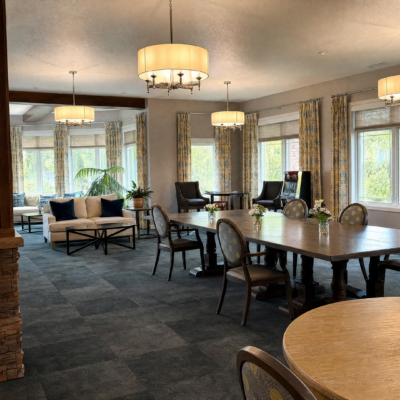 A spacious, well-lit common area with large windows, multiple seating arrangements including sofas and armchairs, a long dining table with chairs, and decorative curtains. The room has ceiling chandeliers and a cozy, inviting atmosphere.