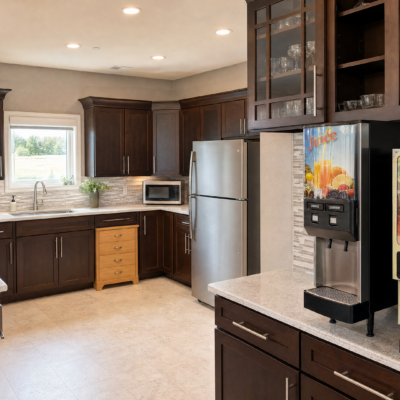 Kitchen with dark wood cabinets, a white countertop, a window above the sink, a stainless steel refrigerator, a microwave, and a beverage dispenser on the right side.